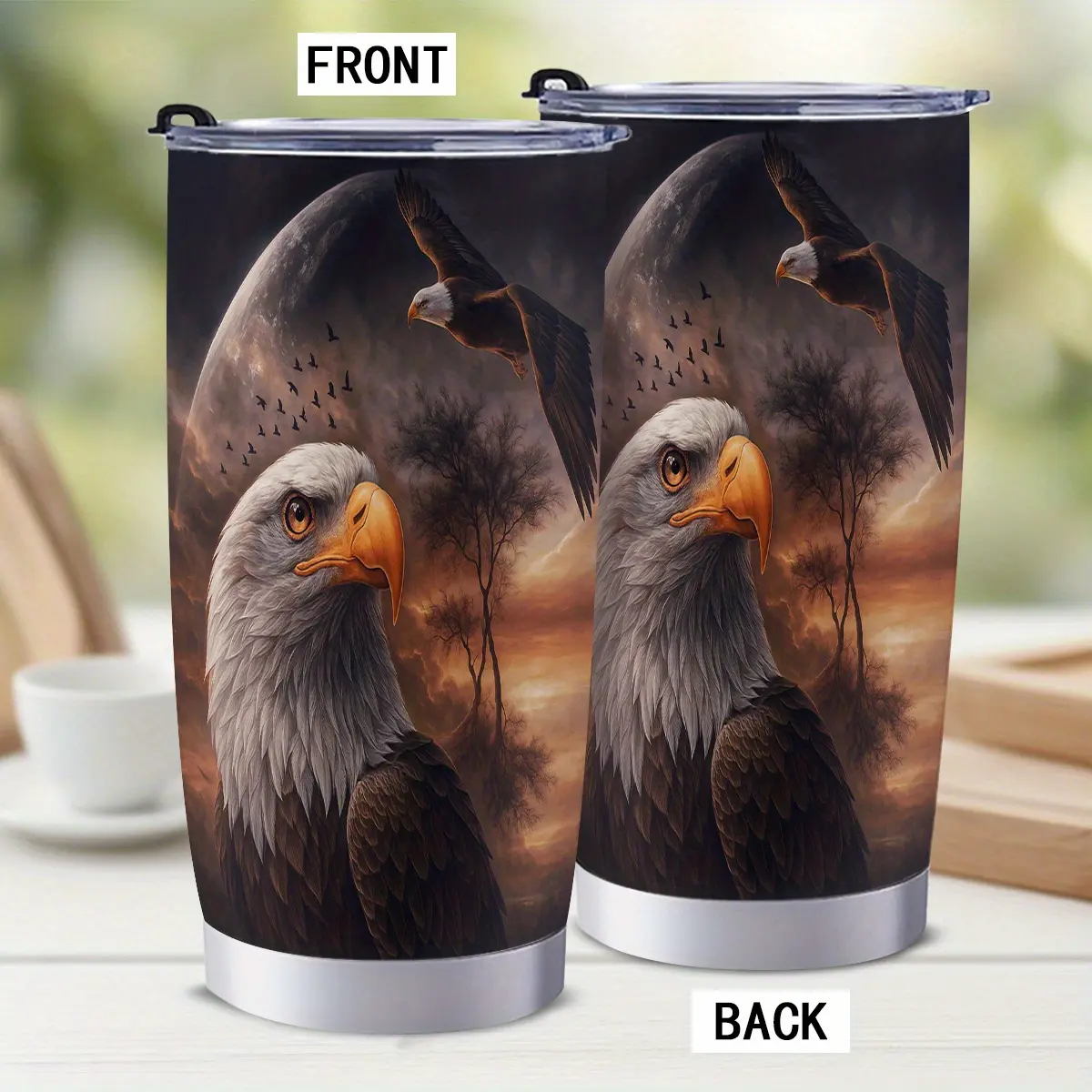 20oz(600ml) 304 Stainless Steel Heat Resistant Insulated Tumbler Water Bottle Flask - Eagle & Flag Design, Double-Walled Leakproof Travel Mug with Straw & Straw Cap, Patriotic Gift