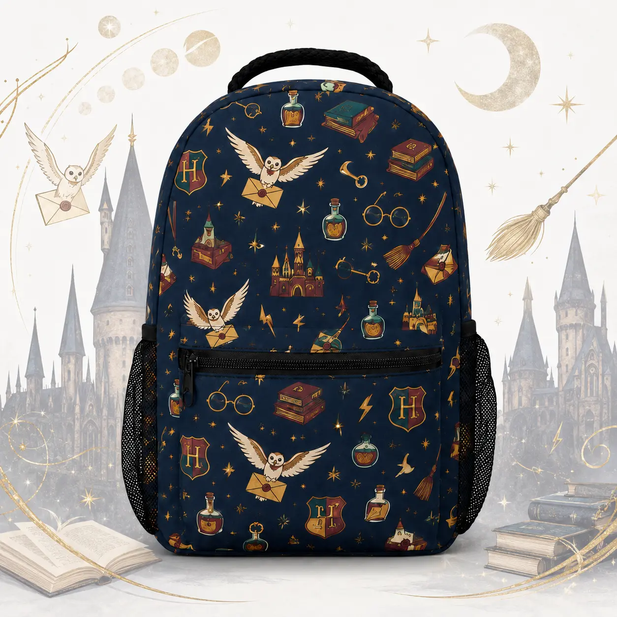 Harry Potter Unisex Navy Blue Back-to-School Backpack, Magical Print Bookbag with Zip Fastener Front Pocket, Dual Mesh Bottle Pockets, Adjustable Straps, Built-In Organizer for Kids-Teens