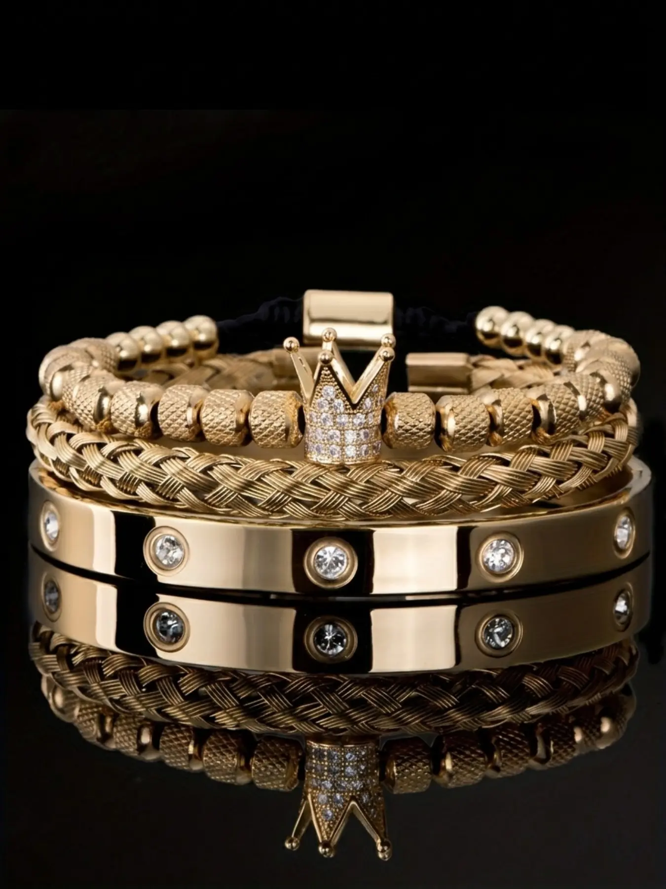 Luxury Micro-Set Cz Bling Crown Charm Men's High Quality Bracelet Set, Stainless Steel 10-Diamond Bracelets, Handmade Jewelry Gift for Couples