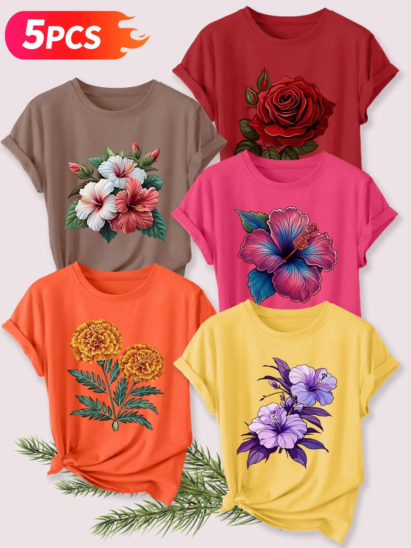 5Pcs Women Crew Tee, Round Neck, Hibiscus Rose Marigold Floral Print, multi-color washable casual tee