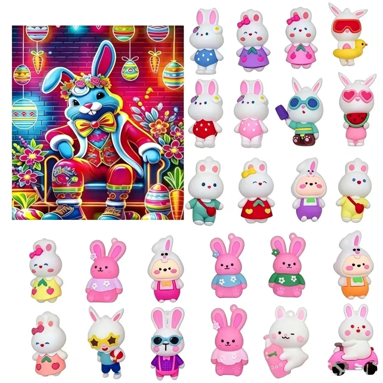 Hot Bright Christmas Countdown Calendar Box, 24 Unique Cute Bunny Charms, Perfect Holiday Surprise Toy for Boys and Girls