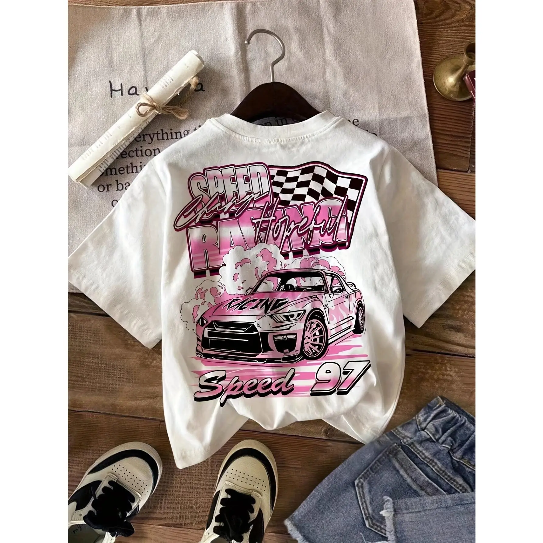 Women's Soft Breathable Cotton Short-Sleeve Round-Neck Relaxed-Fit Graphic T-Shirt with Speed Racing Car Print - Streetwear Top for Casual Summer Outfits