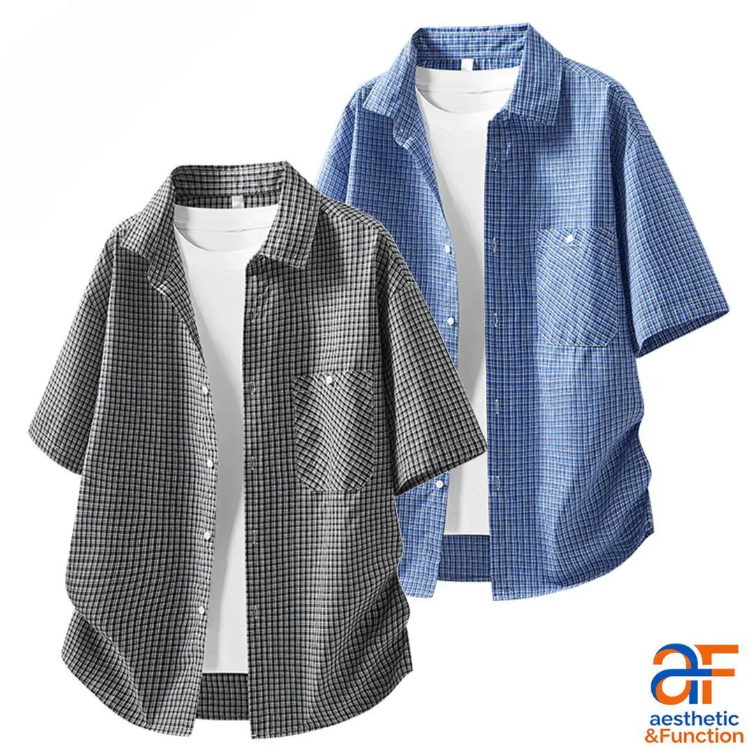 Men's Vintage Micro Plaid Shirts, SummerVibes,Oversized Loose Fit Short Sleeve Button Down Tops, Breathable Lightweight Checkered Casual Shirts with Chest Pocket, Summer Daily Wear Versatile Tops, Plus Size Mens Casual Shirts summerwins Set Stylish Shorts