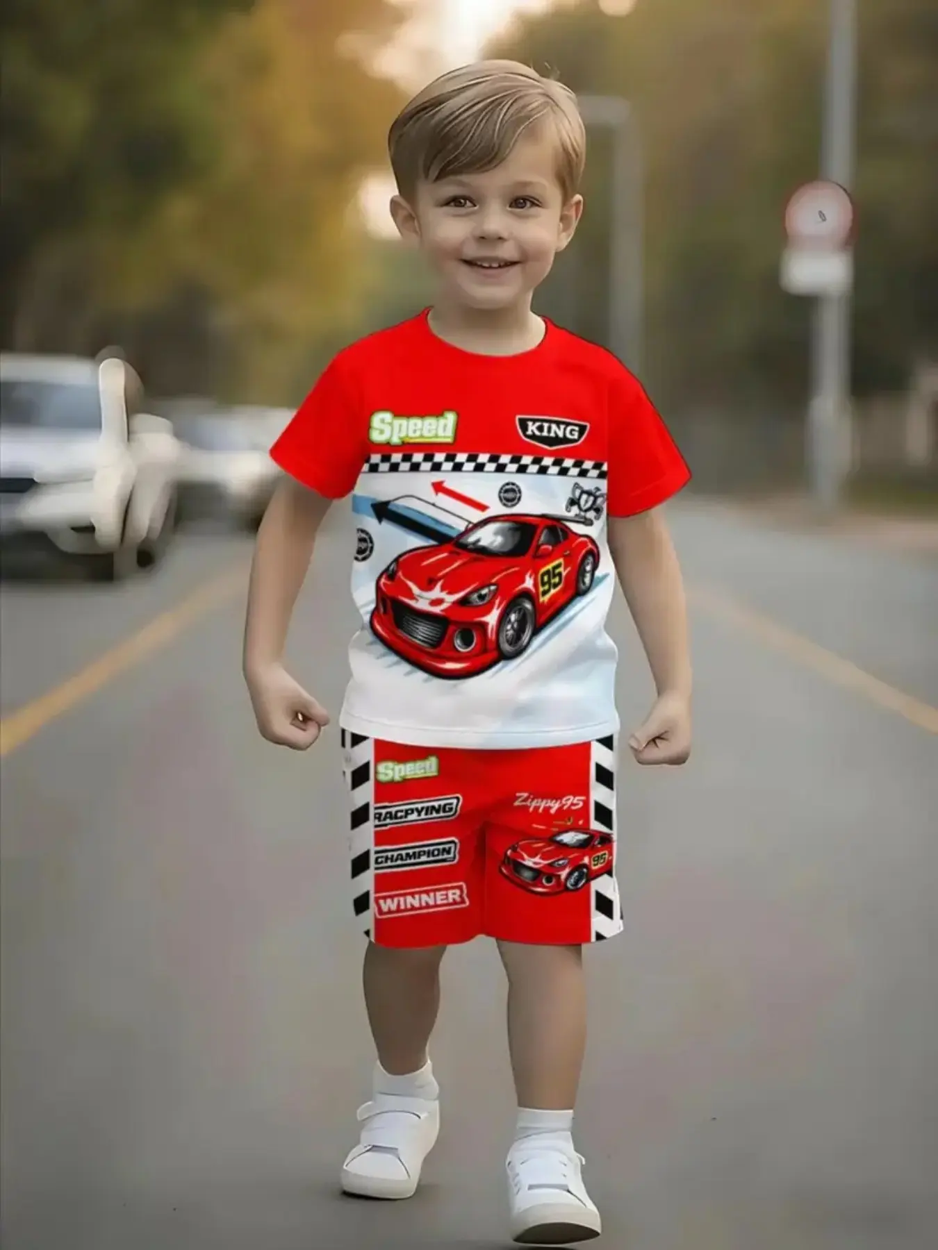 Boys' Racing Theme Graphic Set, Casual Slim-Fitting Two-Piece, Breathable and Comfortable, Perfect for Everyday Wear, Summer Clothing Set