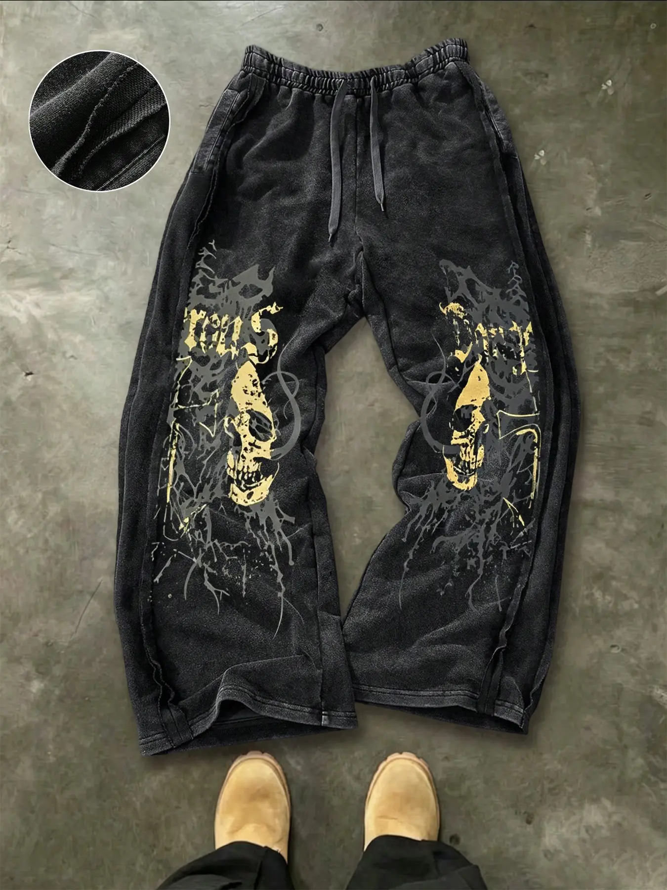 Men's Washed Vintage Gold Skull Thorn Gothic Letter Drawstring Wide Leg Sweatpants, American Dark Y2K Subculture Drop Waist Casual Long Pants