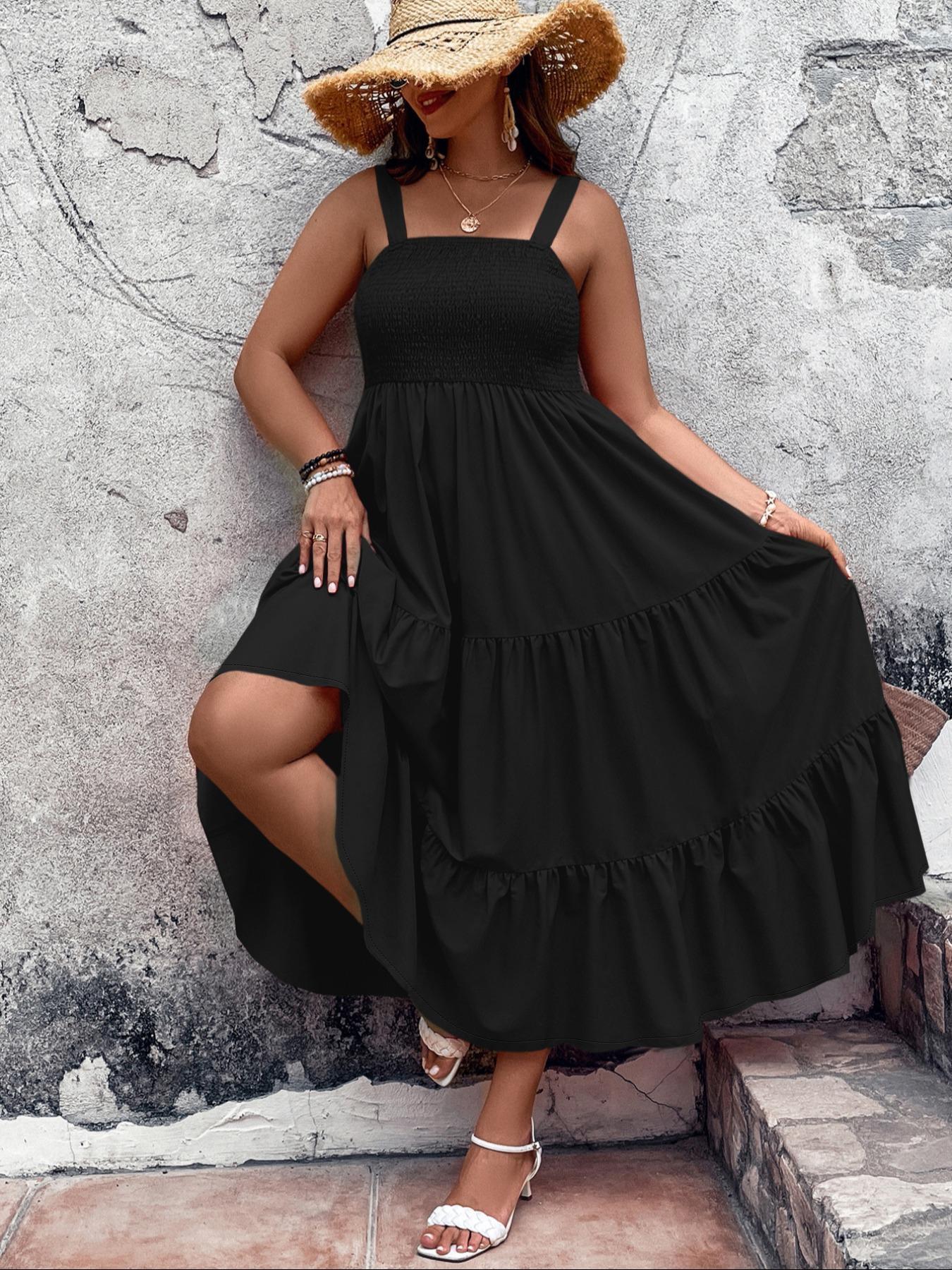 Women's Plus Size Solid Bohemian Shirred Tiered Layer Cami Dress, Elegant Ruffle Hem High Waist A-line Dress for Beach Holiday, Women's Clothes for All Seasons