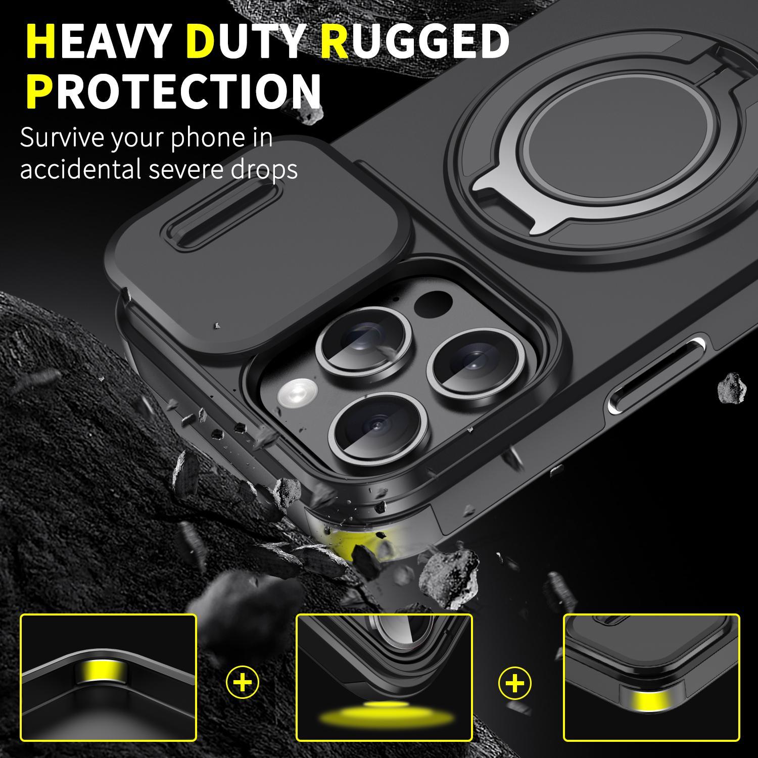 Shockproof Phone Case with Sliding Camera Cover, 360 Rotating Ring Kickstand Stand Phone Case, Phone Accessories for iPhone 17 16 15 14 13 12 Pro Max Plus Air, Casing Military Grade Anti-Drop Magnetic  Multi-function Outdoor Sports Swimming phone case