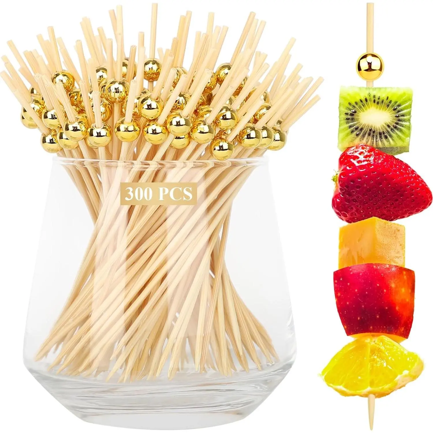 FATLODA 300PCS Cocktail Picks, Gold Pearl Fancy Toothpicks for Appetizers | 4.7 in Decorative Bamboo Skewers, Wooden Garnish Sticks, Charcuterie Boards Accessories, Party Supplies, Drinks, Food Fruit