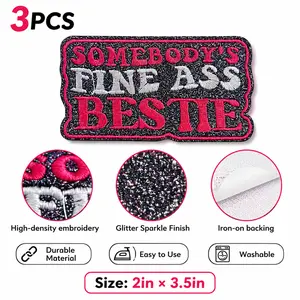 3 Pcs-bag Trendy Glitter Iron On Embroidered Bestie Patches for Jackets Backpacks