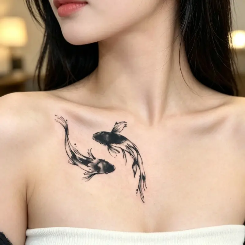 4PCS Japanese Fish Temporary Tattoos, Black Ink Body Art Stickers (4.72×2.95in) - Long-Lasting, All Skin Fake Tattoos for Arm, Shoulder