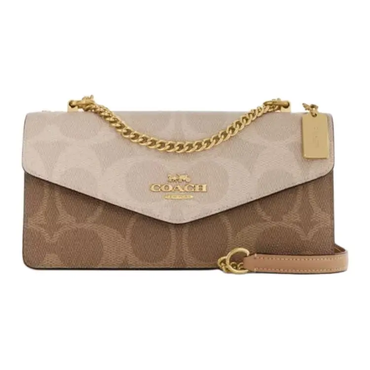COACH Klare 26 Logo-Print Envelope Bag for Women – Metallic Logo, Coated Canvas and Leather, Tan