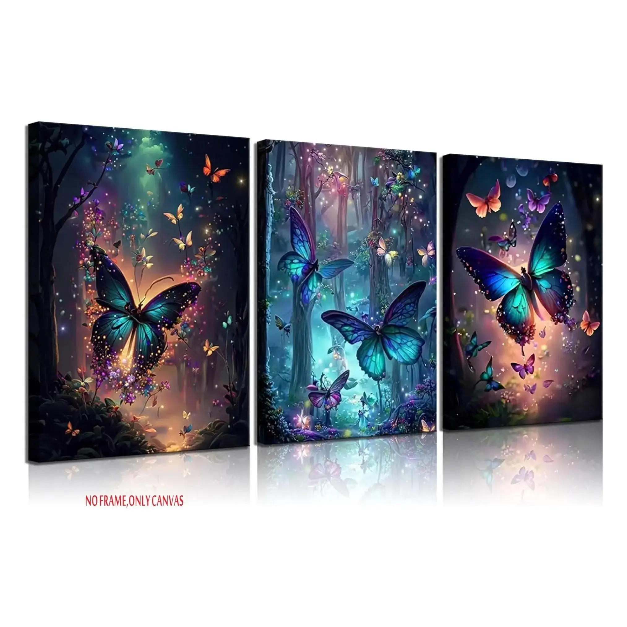 Frameless Canvas Trio, Dreamy Fantasy Glow Butterflies Forest, Healing Living Room Bedroom Art, Magic Forest Kids Room Wall Decor, Unframed Gift