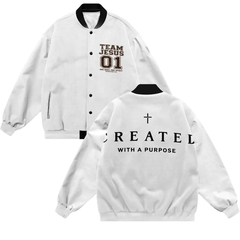Women's Faith Letter Print Cross Graphic Varsity Jacket - Lady's Casual Loose Longsleeves Button-Down Baseball Bomber Coat, Outdoor Streetwear with "Team Jesus Created with A Purpose" Design