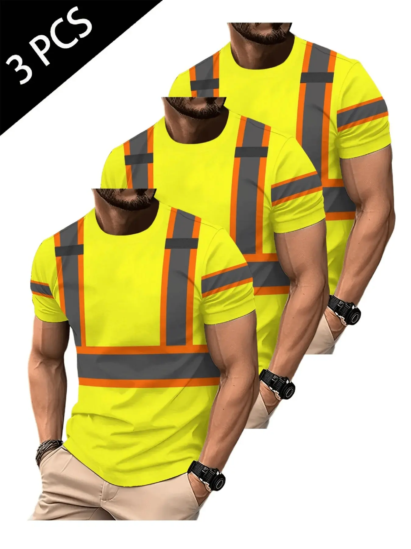 3-Pack Fluorescent Safety Vest Printed Men's Tops Round Neck Short Sleeve T-Shirt, Casual Long T-Shirt for Outdoor Work and Daily Wear
