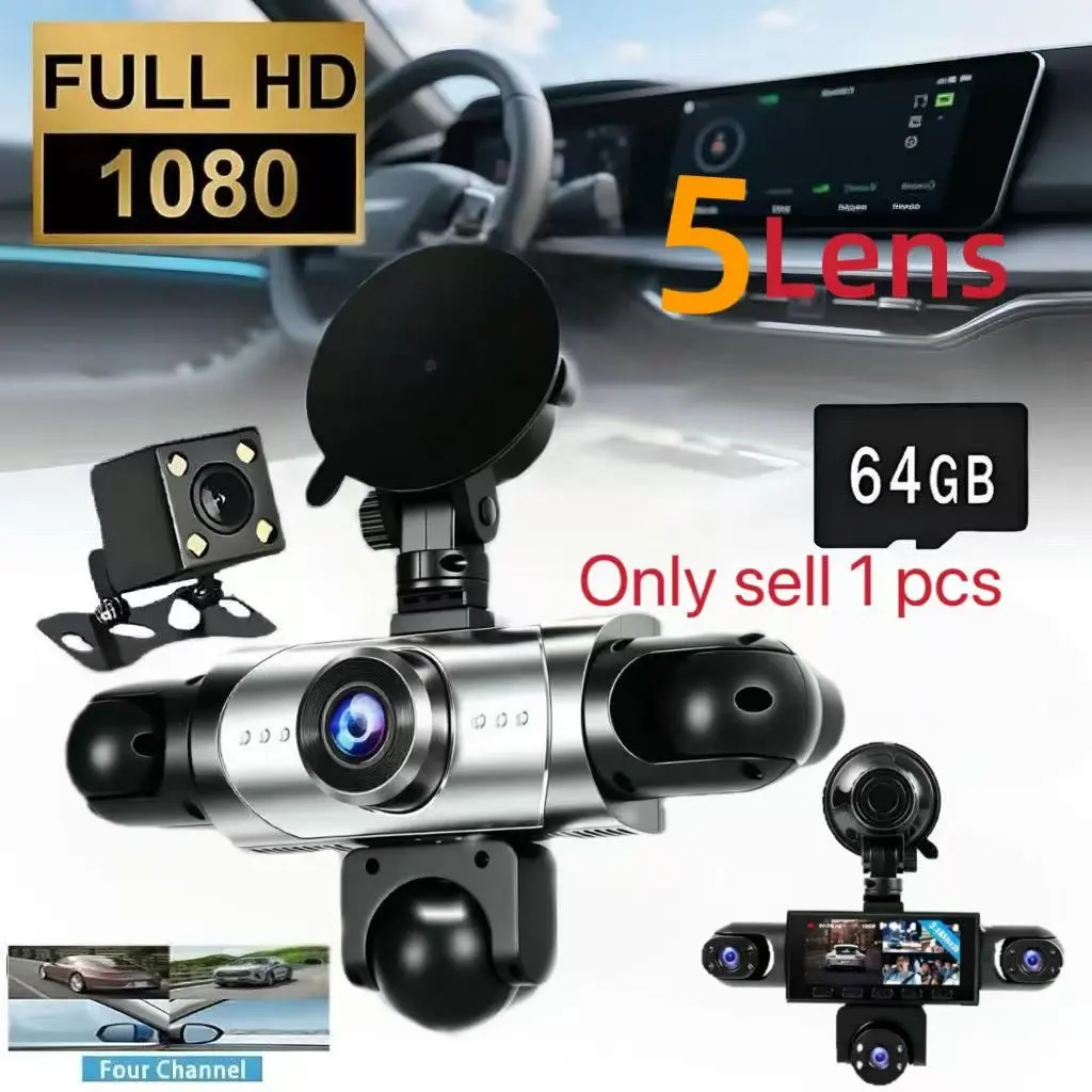 Five-Direction Dash Cam, Front Camera 1080P, Side Rear Cameras 720p, LED Display, Button Control, Rechargeable Battery, Night Vision, Loop Recording