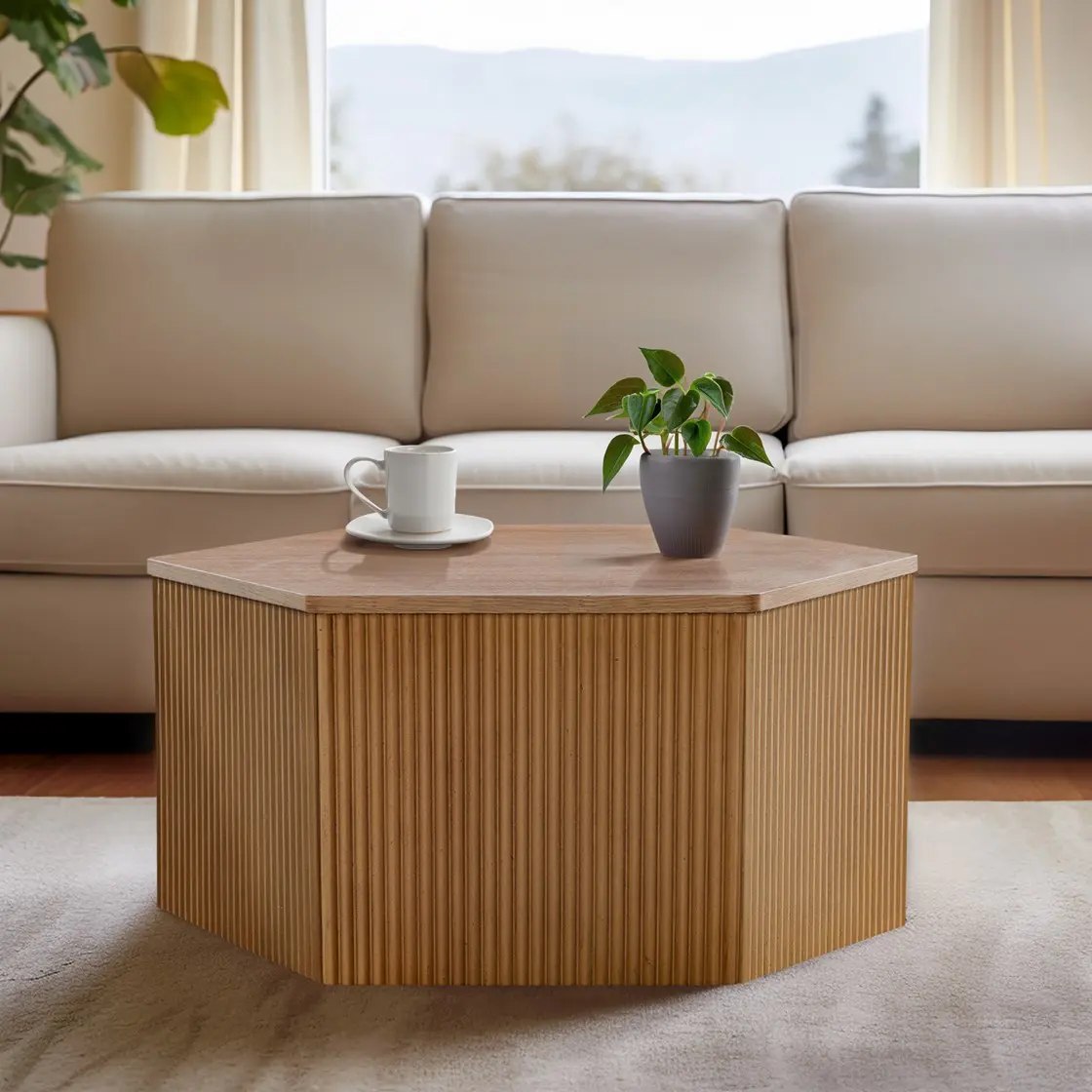 Nokaa Fluted Hexagon Coffee Table for Living Room, Modern Wood Accent Center Table with Natural Oak Veneer, Compact Size for Small Spaces, Apartments, and Offices