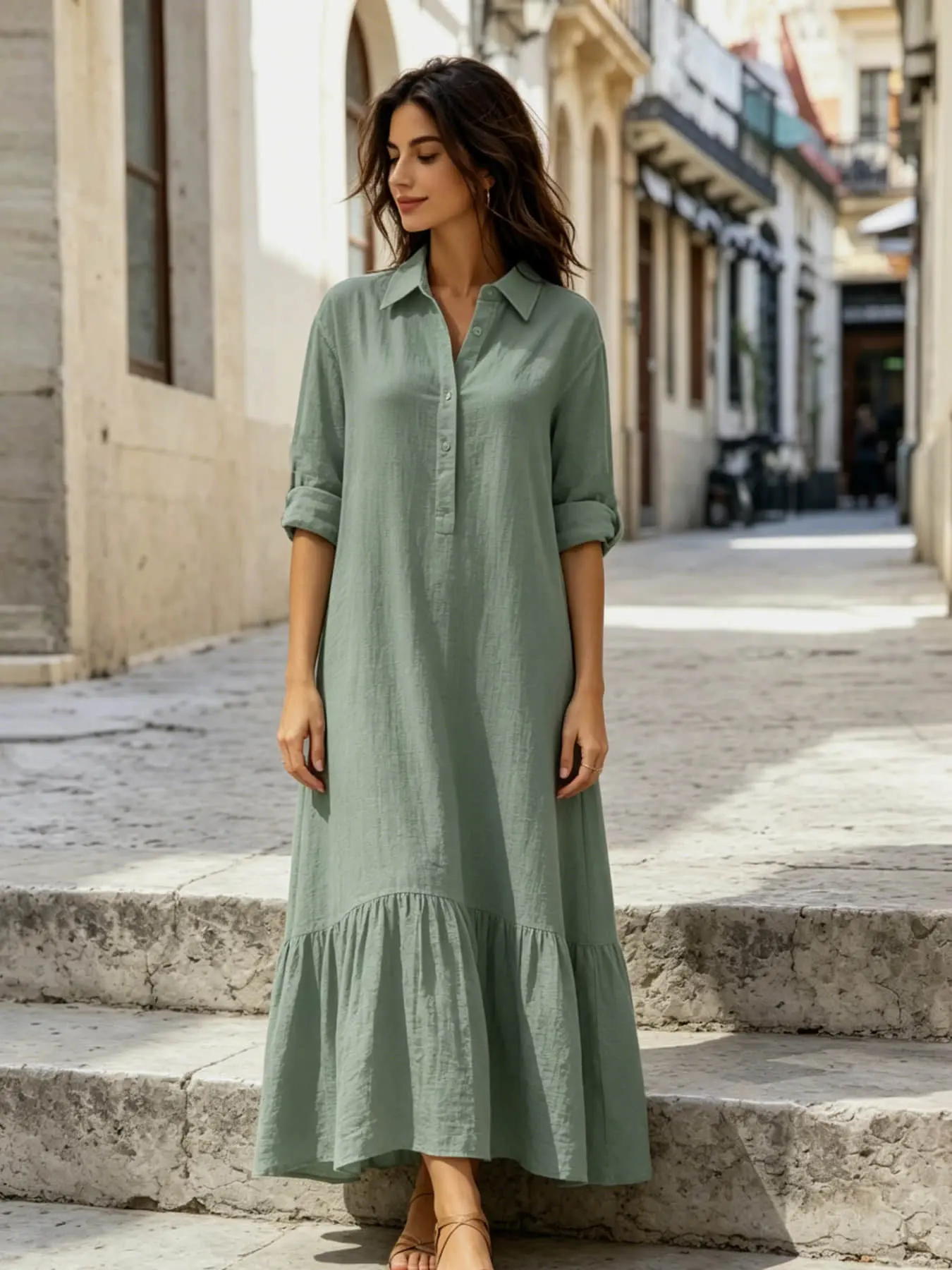 A women's fashionable, gentle, casual, lazy style solid color dress with a shirt collar twist button design, suitable for summer, daily commuting, beach travel, dates, picnics, etc.