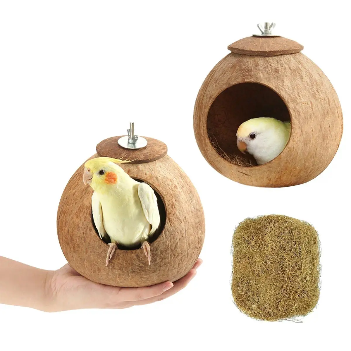 2-Piece Natural Coconut Shell Bird Nest Set, Hanging Bird Cage Accessory with 5.2 Inches Diameter, 2.4 Inches Opening, Easy Installation, Luxury Snooze Spot for Parrots, Budgies (Hideaway & Breeding Hut), Two Piece Set