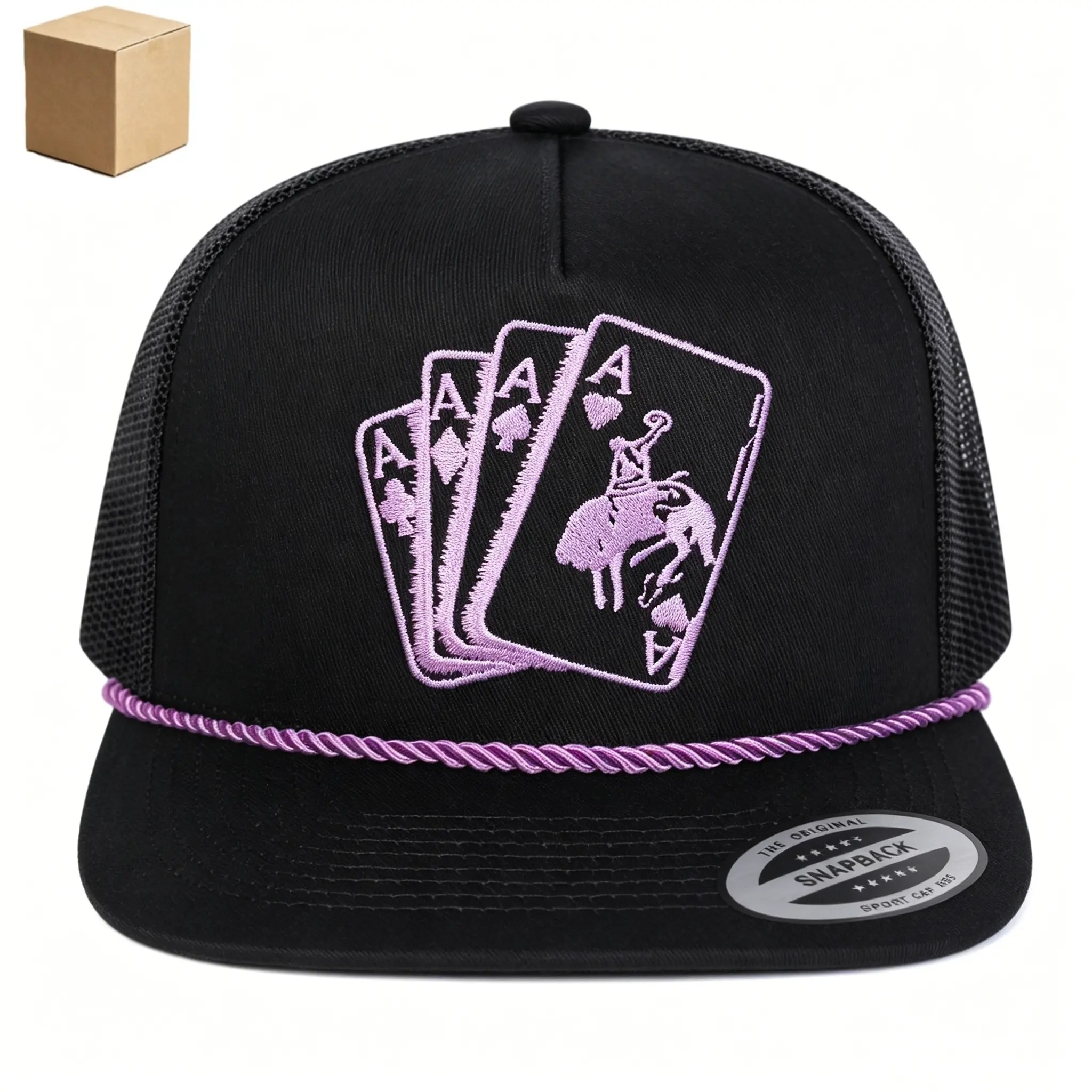 Four Aces Playing Card Rodeo Bull Rider Cowboy Embroidery Rope Trucker Hat, High Crown Adjustable Flat Mesh Snapback Cap, Western Country Rodeo Poker Casual Sunscreen Hat for Cowboy & Poker Lovers