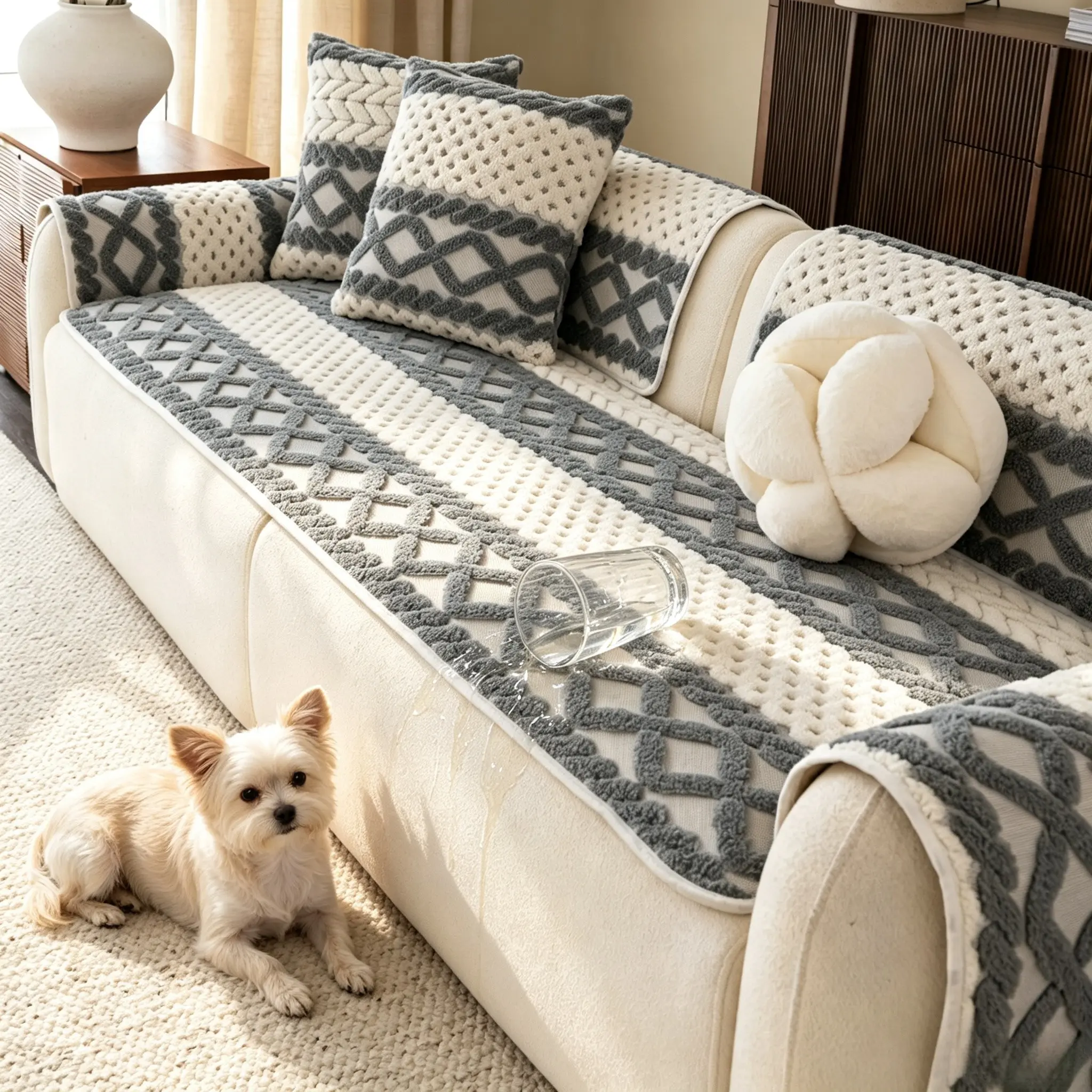 1pc Nordic Style Striped Sofa Cushion, Soft Warm Non-Slip Base, Washable Pet-Friendly Universal Sofa Cover, Fits 1/2/3/4 Seater Sofas