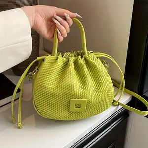Women's Lime Green Woven Drawstring Bucket Purse - Detachable Top Handle, Adjustable Crossbody, Trendy Casual Gym Accessory for Daily Use (Crossbody Bags for Women)