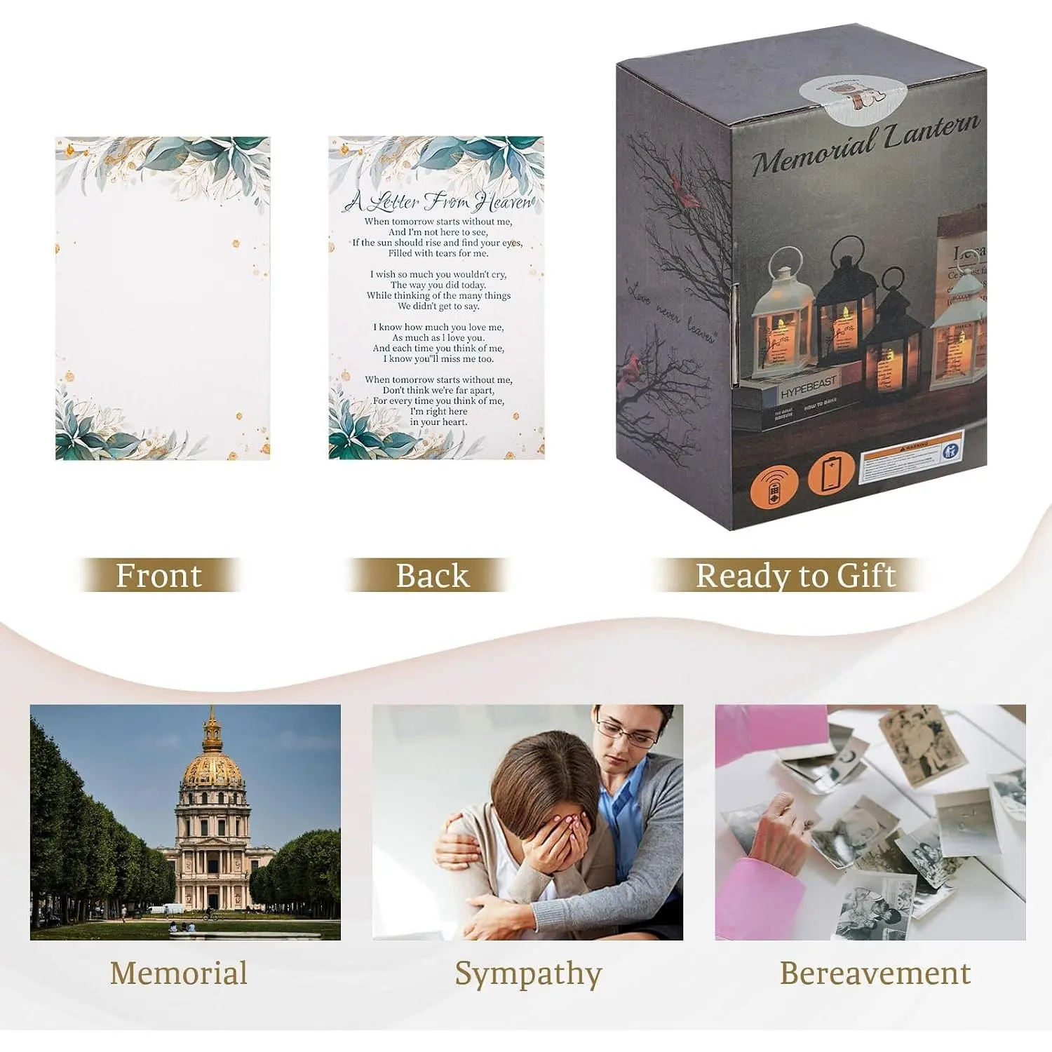Black Memorial Lantern with Flickering Flame and Sympathy Card, Bereavement Keepsake for Loss of Loved One, Funeral Remembrance Decor