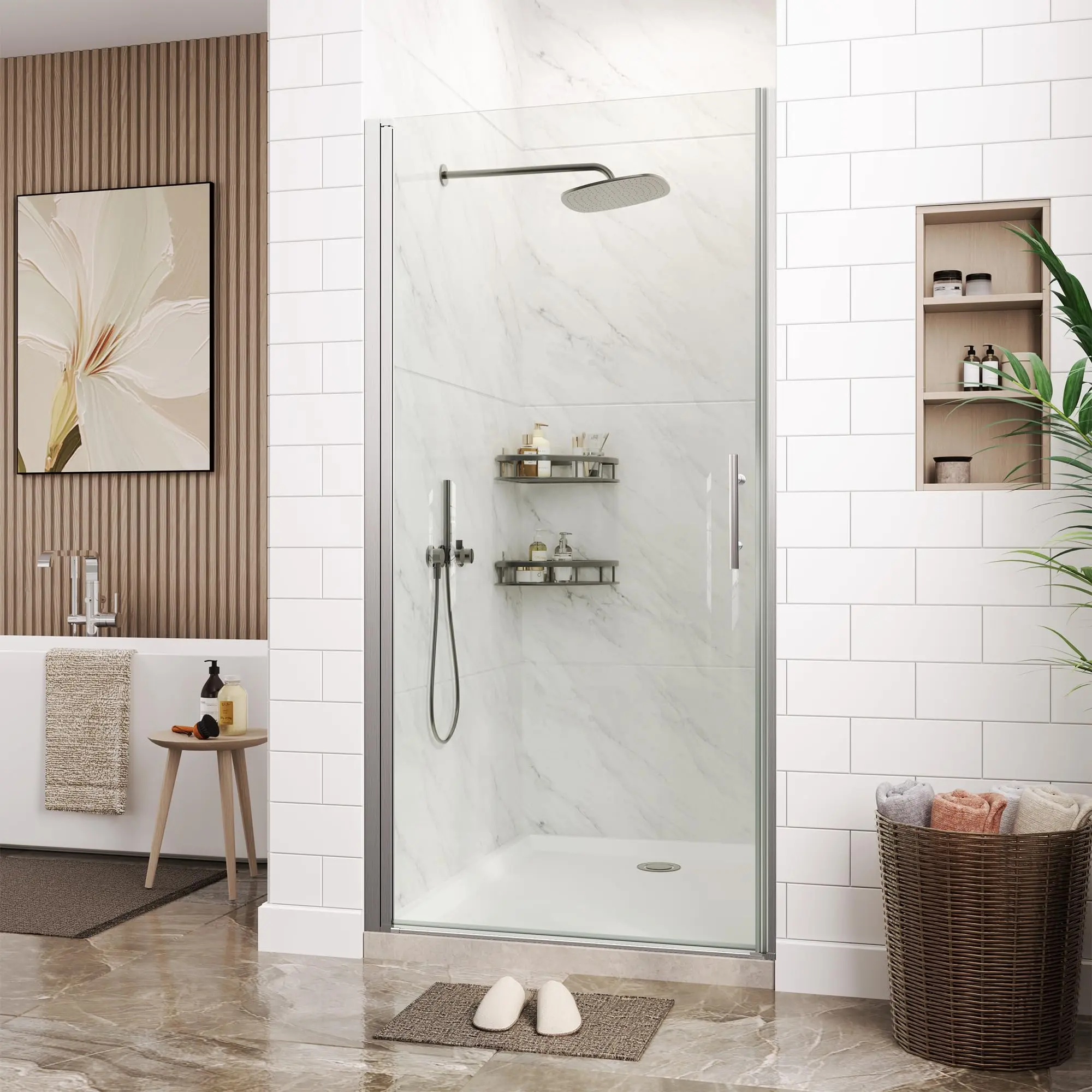 Garvee Frameless and framed shower doors in sizes 33.6-34.6" x 72" and 72x34", featuring pivot swing design, clear or tempered safety glass, aluminum or drawn nickel finish, reversible installation, and easy-clean matte black options