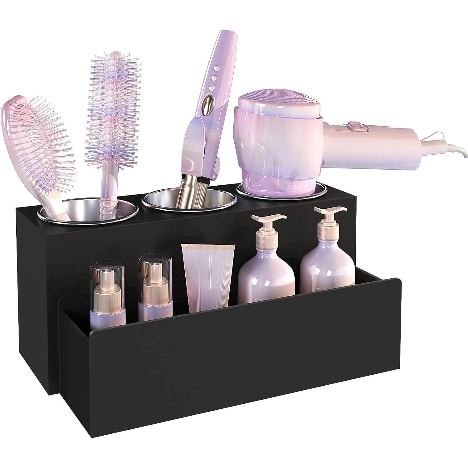 Matte Black Stainless Steel Hair Tool Organizer - Removable Vanity Blow Dryer Holder for Bathroom Countertop, Fits Curling Iron, Hair Straightener - Ideal Girlfriend Gift