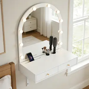 White Sturdy Metal Floating Makeup Vanity Desk with 3-Color Lights, Adjustable Mirror, Wall-Mounted Dressing Table with Power Outlet, Compact Design, Large Storage, Glam Style, 121 lbs Capacity WL