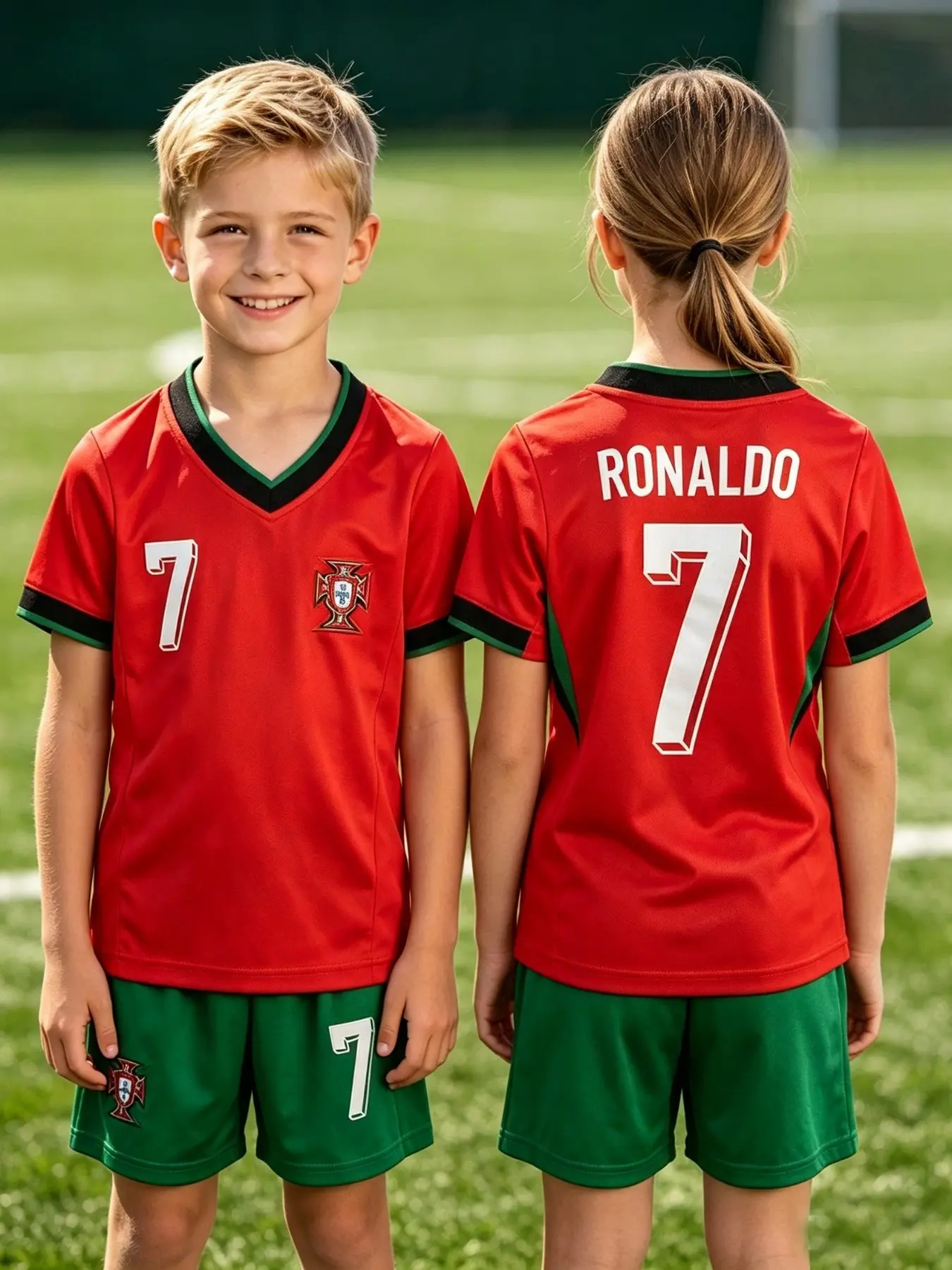 Portugal Classic Ronaldo 7 Kids Football Set, Unisex Breathable Quick-Dry V-Neck Short Sleeve Shorts, Outdoor Sports Gift