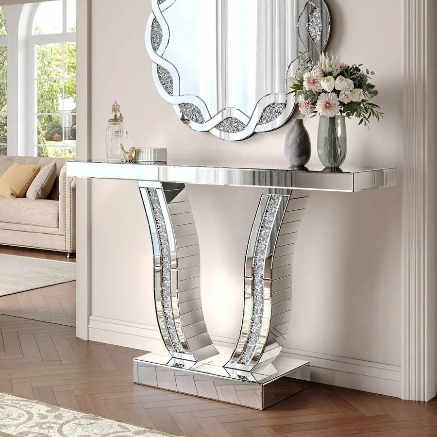 43" Mirrored Console Table, Modern Silver Entryway Table With Crystal Inlay Curved Legs, Luxury Mirrored Sofa Table Living Room Hallway Foyer Entrance, Contemporary Mirror Hall Table, Decorative Display Table Apartment Home Office