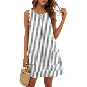 Womens Sleeveless Sundresses 2026 Vacation Beach Dress Casual Striped Printed Summer Dresses Short Dress with Pocket