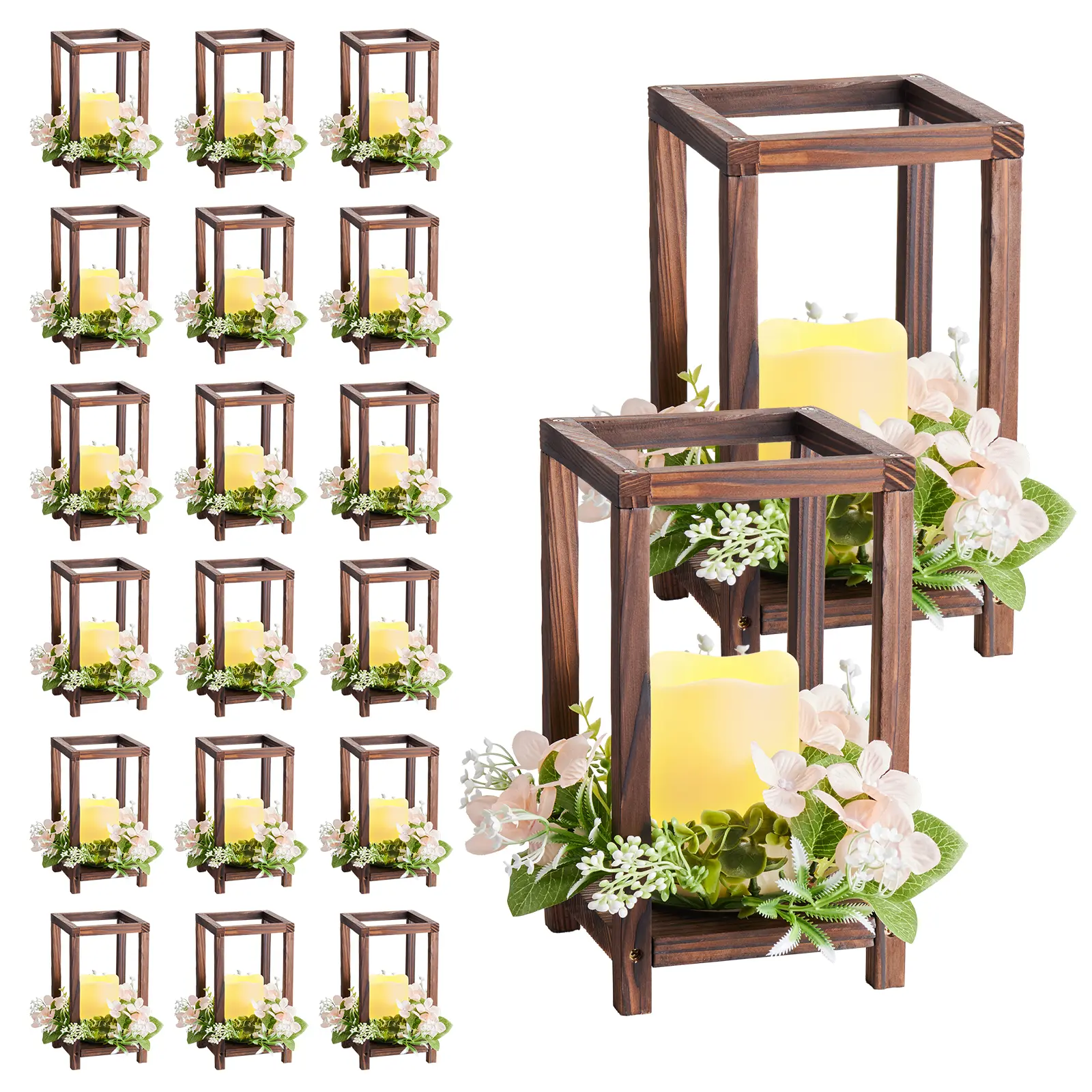 20 Set/60 Pcs Wooden Wedding Lantern Centerpiece, Includes 20 Wooden Lantern Candle Holder 20 Flameless LED Candle 20 Champagne Flower Wreath for Wedding Table Party Farmhouse Decor, Brown
