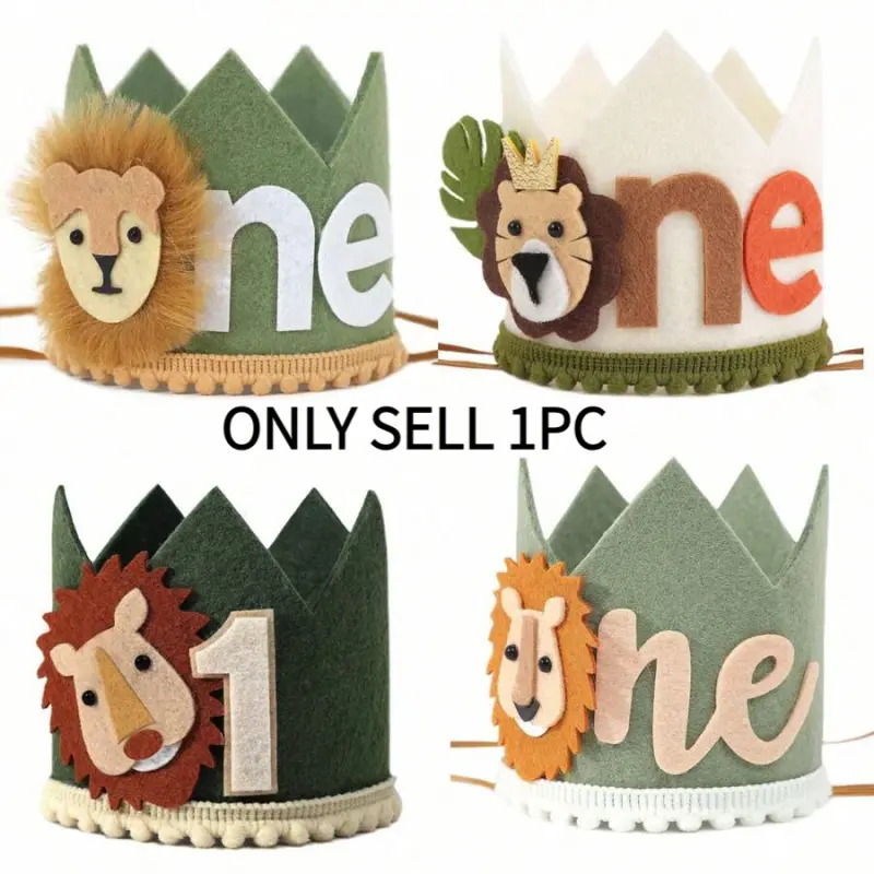 Wild One Lion Felt 1st Birthday Crown Hat, Jungle Safari Animal Baby Boy One Year Old Party Decor, Hand Sewn Adjustable Pom Pom Lion Crown Hat for Wild One Cake Smash, Jungle Theme First Birthday Photo Prop Supplies
