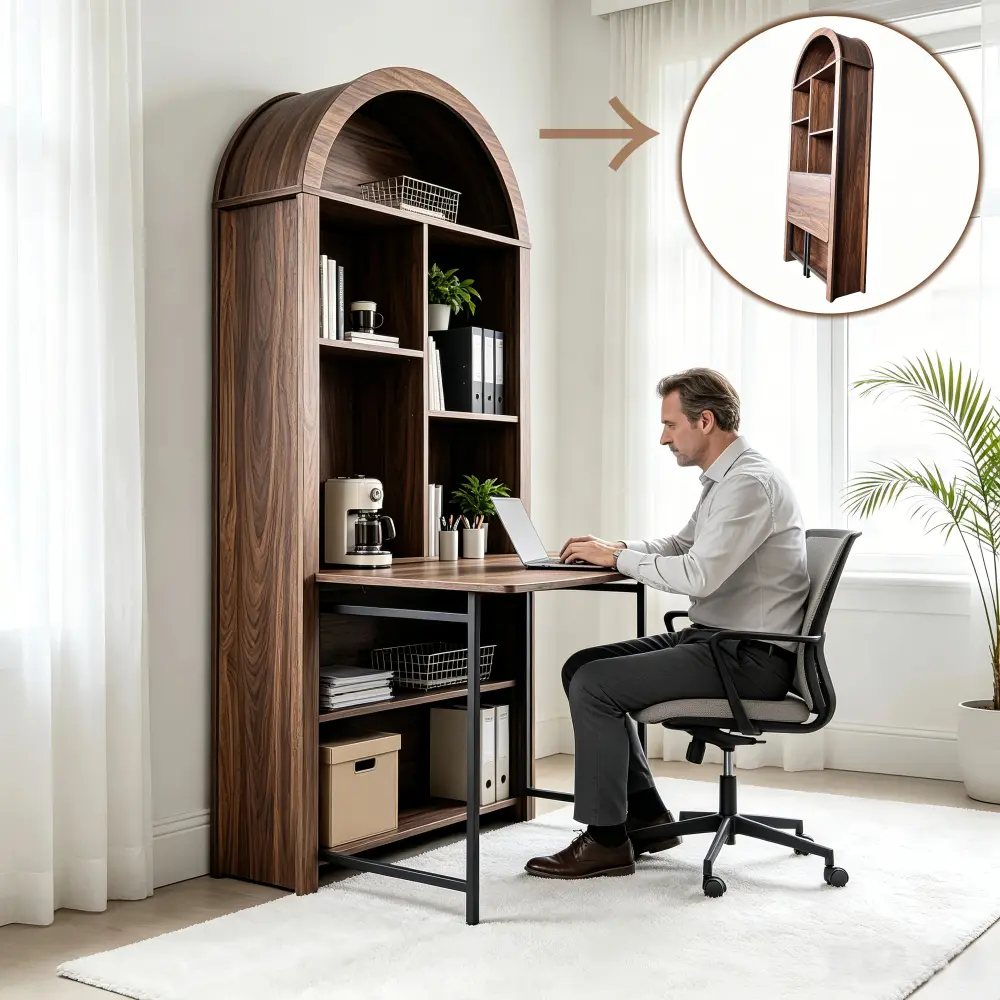 Littleox Tall Arched Bookcase,Folding Craft Desk,Convertible Hideaway Desk to Bookshelf,Vanity Desk, Foldable Desk with Storage, Disappearing Desk for Small Spaces,Wine Cabinet for Living Room, Home Office