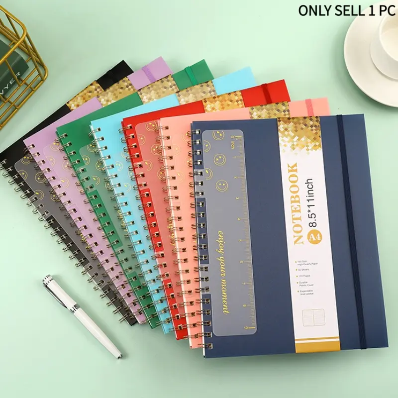 A4 Spiral Bound Notebook with Elastic Band - Durable PP Hardcover Journal for School, Work, and Sketching - Colorful Metal Coil Planner with Ruler for Students & Professionals - Spiral Notebooks For Work