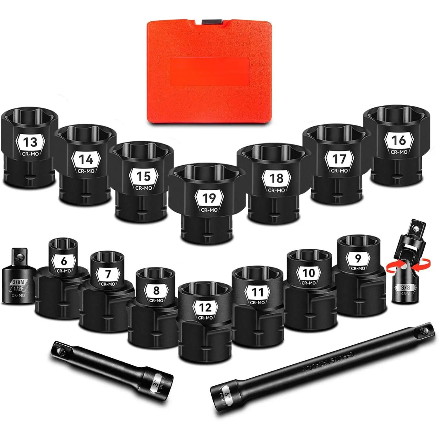 18 count 3/8" Drive Low Profile Nano  Socket Set, Metric Size (6-19mm) 6-Point Stubby Sockets with 3" 6" Extension Bars, Socket Adapter &  Joint For Tight Space, Cr-Mo Steel