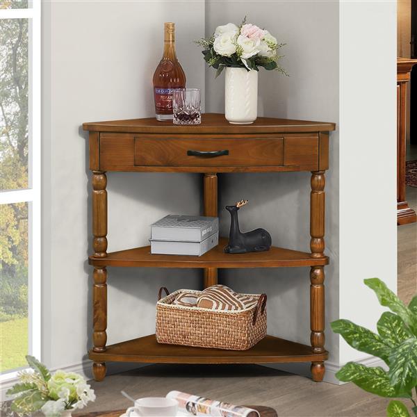 33.8'' Small Triangle Corner Table, Wood Corner Side Table for Small Spaces/ Living Room, 3 Tier End Corner Table with Solid Wood Legs, Brown(High end and high-quality)