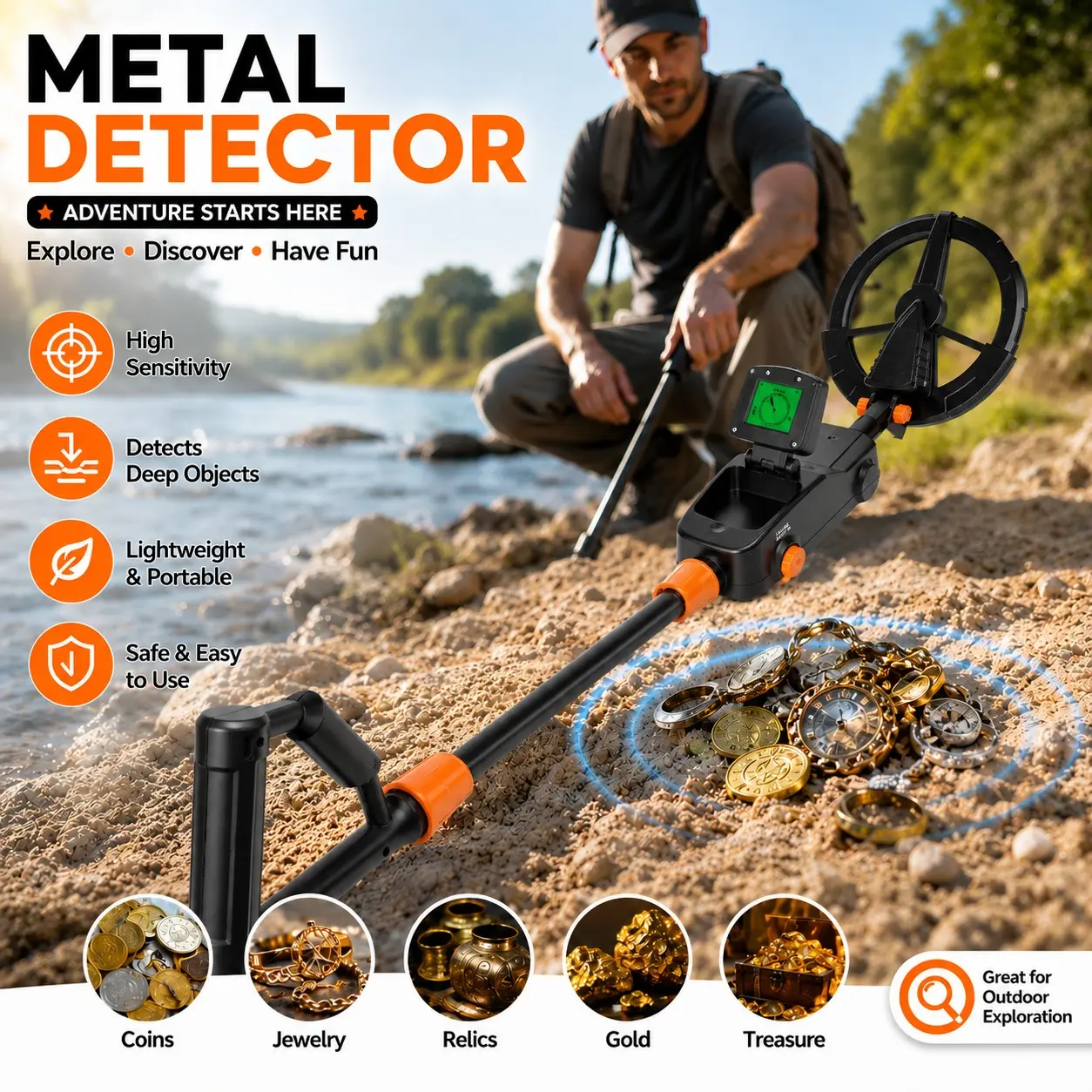 Outdoor Underground Metal Detector, Full Coverage Metal Search Device, Sound Light Alert, General Detection Instrument Tool for Field Exploration