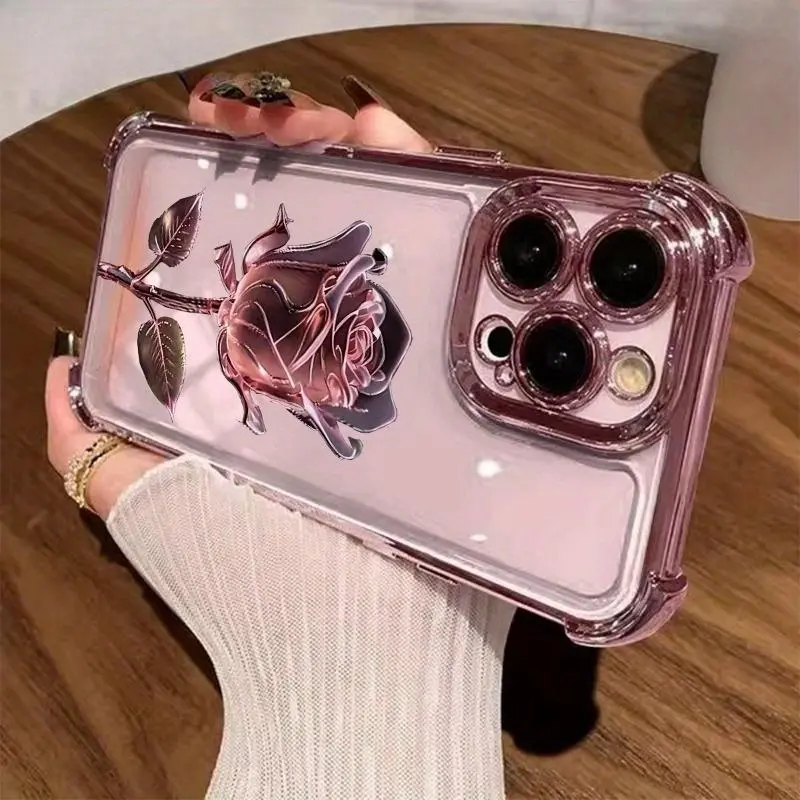 Pink Rose Electroplated Pattern TPU Smartphone Case - Drop-Proof, Non-Slip Handheld Cellphone Protection for iPhone 17 Air,16 Pro Max,15 Plus,14,13,12,11 & Samsung Galaxy S25 Ultra,S24,S23 FE,S22 - Giftable for Girls (QXA827), Casing
