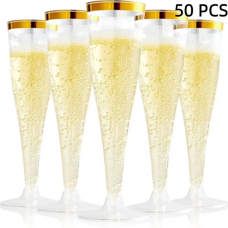 50 Pcs Pack Plastic Champagne Flutes, 4.5 Oz Gold Rim Plastic Champagne Glasses, Disposable Clear Toasting Glasses Recyclable Champagne Cups for Wedding Party