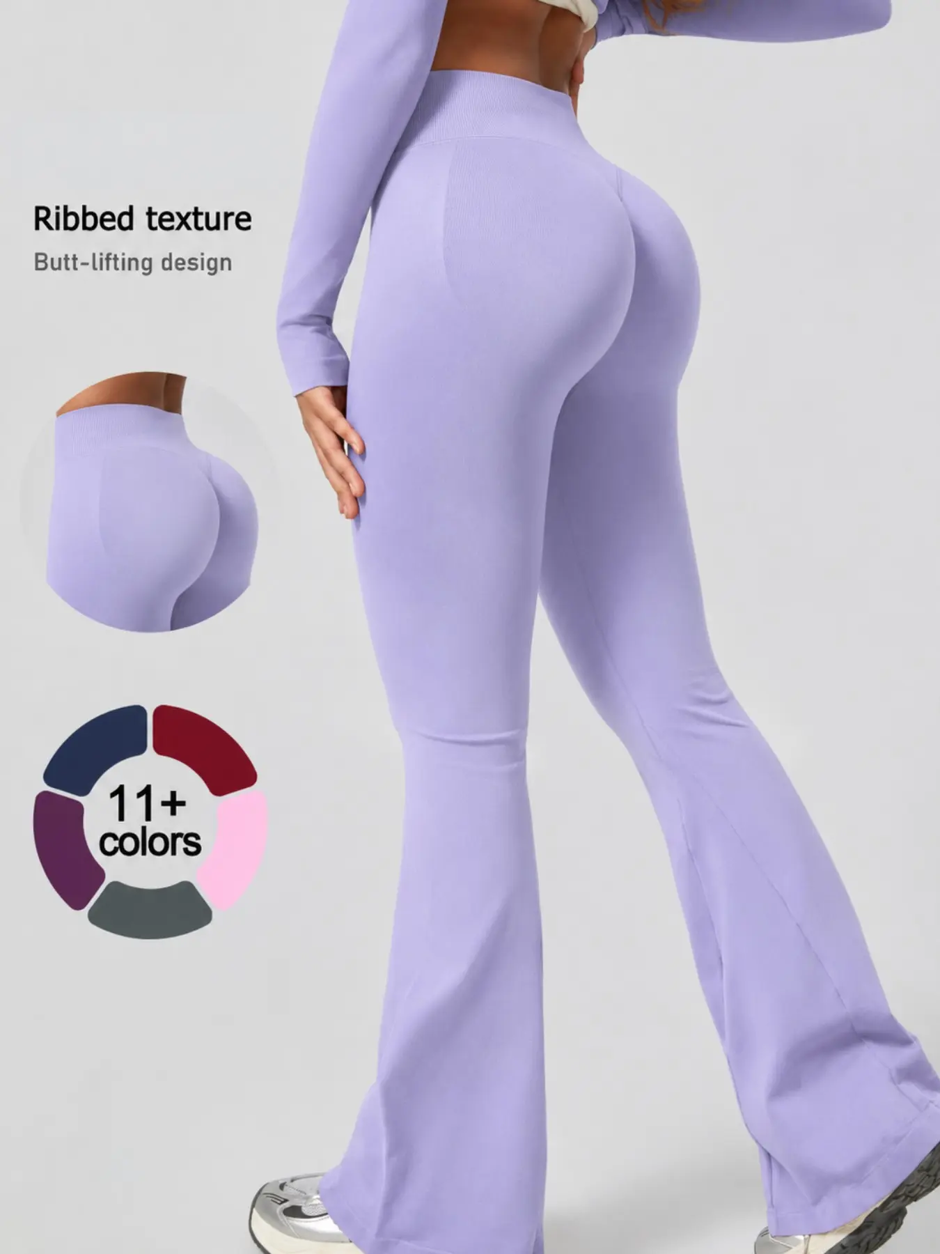 Women High Waist Butt Lifting Yoga Flare Pants, Seamless 3-Section Waist Peach Hip Slimming Leggings, Ribbed Waist Micro Flare Fitness Trousers for Yoga Running Street Casual Outfit