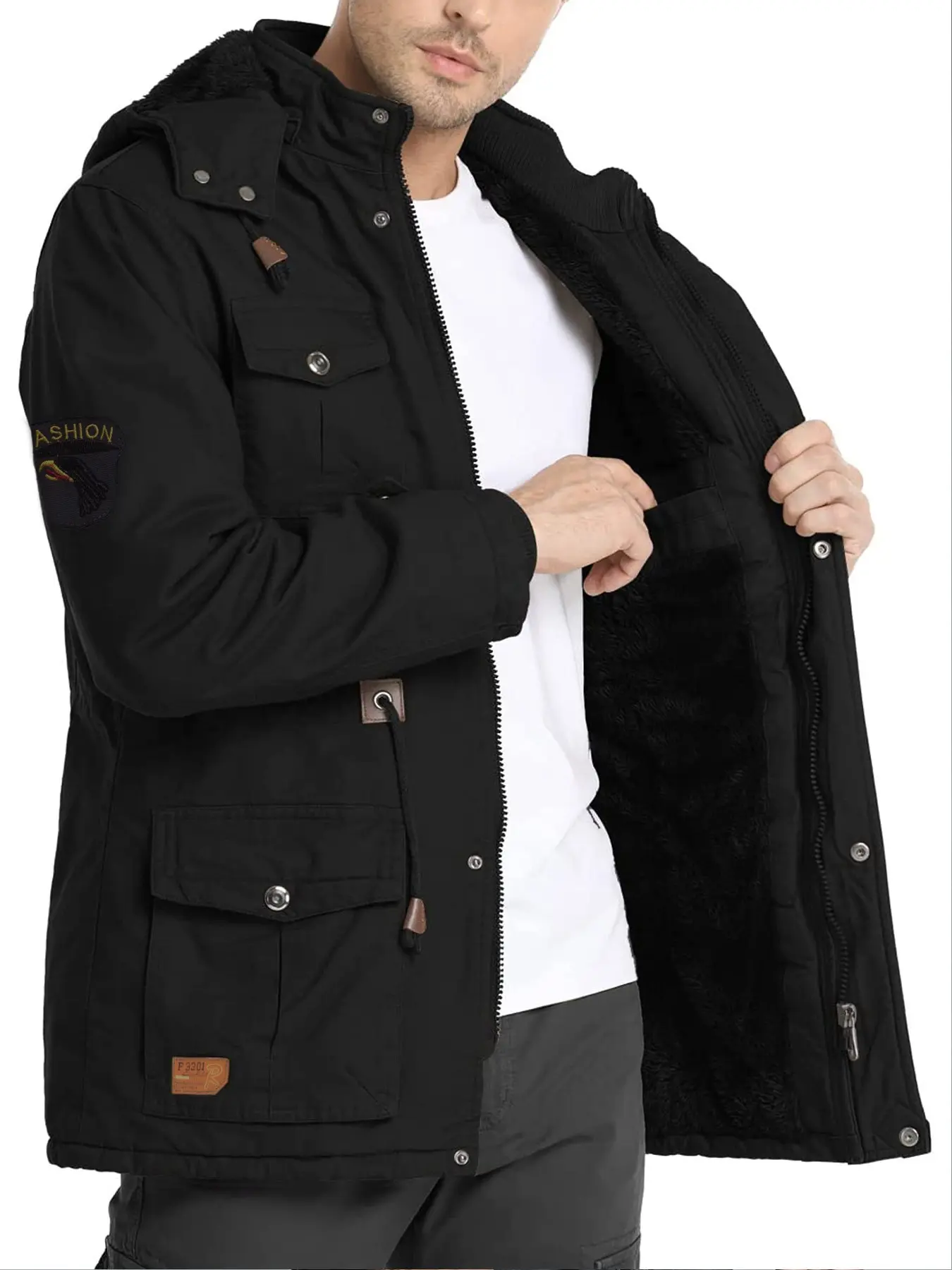 Men's Thickened Fleece Work Jacket, Military, Drawstring Waist, Hooded, Multiple Pockets, Winter Outerwear, Detachable Hat, Stand Collar