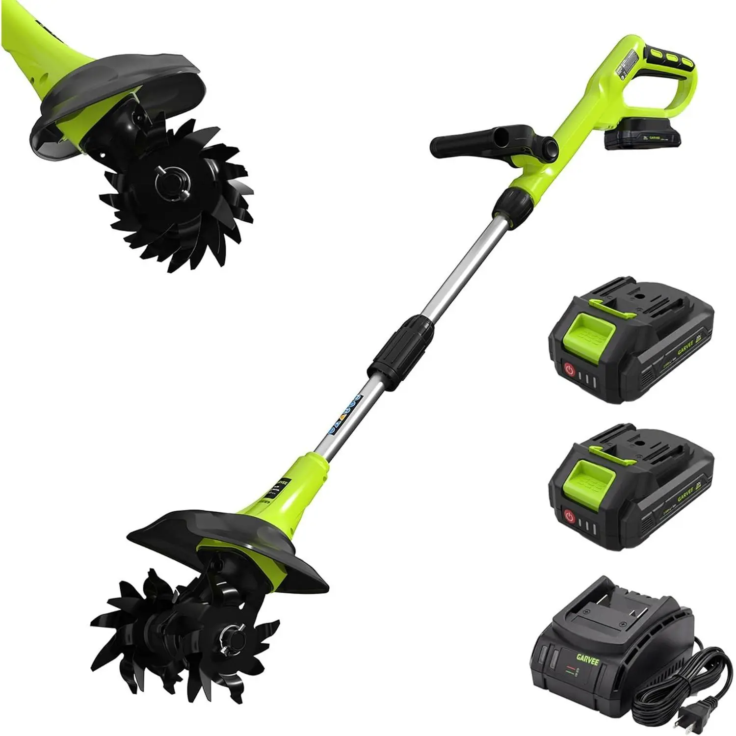 20V Cordless Tiller - 2x20V 2.0Ah Batteries, PVC & Metal Power Rototiller with Fast Charger, 360 rpm, 9-in Tilling Width (9" wide), 6.3-in Tilling Depth (6.3-inch depth), Adjustable Grip for Lawn, Raised Beds