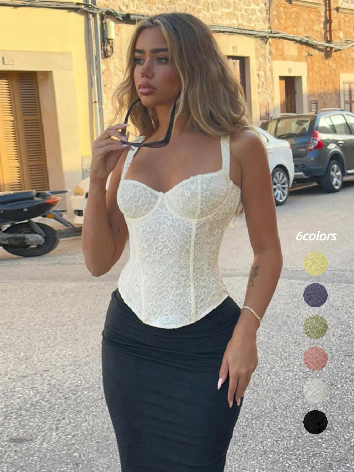 Women's Floral Lace Corset Structure Crop Tank Top Strap, Summer Clothes Women, Fashion Casual Sleeveless Crop Top for Daily Outdoor Wear, Women Top for Summer, Strappy