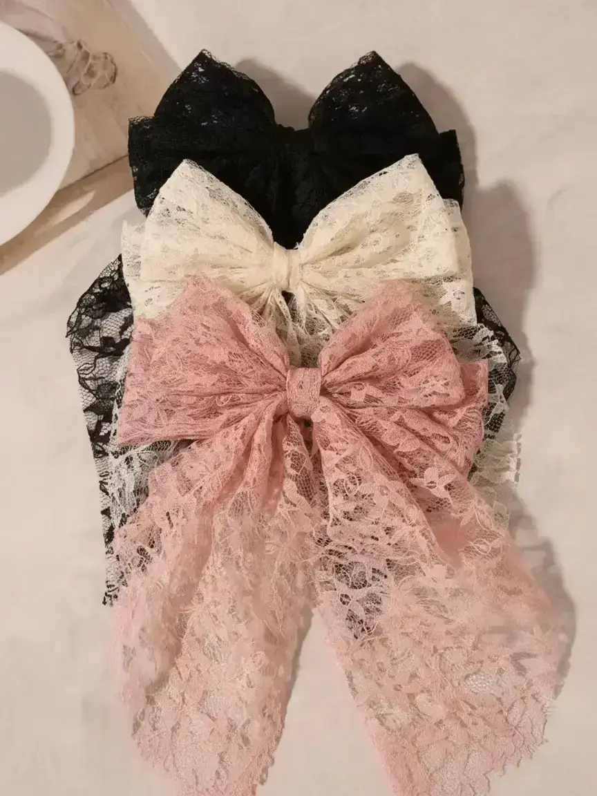 Cute Lace Bowknot Design Pastel Bow Decorative Hair Clips, Bows for hair, Bendy Hair Clip, 3 Counts Pink Hair Accessories for Women & Girls, Suitable for Thick Hair, Barrettes, Hair Clip Set