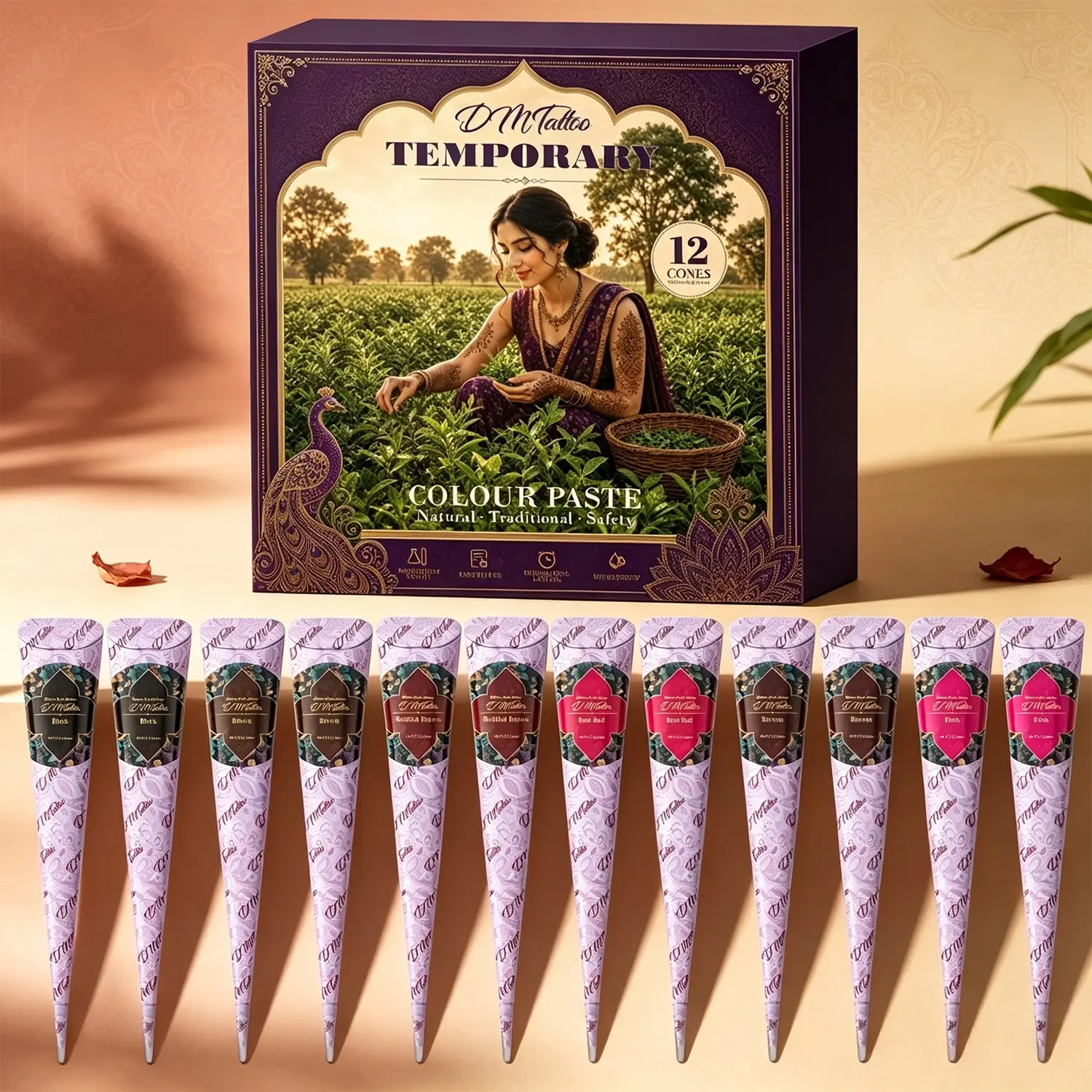 Beach & festival exclusive DM 12 plant henna cone gift kit, soft natural easy-color paste with water-resistant mehndi resistant to seawater. Compact box for travel check-ins, themed parties and relaxing home DIY body painting Henna Designs.