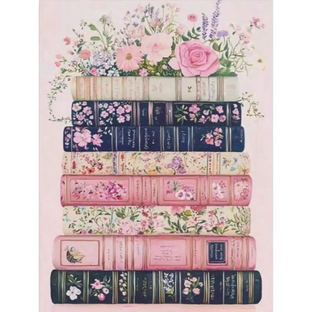 5D DIY Cross Stitch Diamond Painting Kit - Vintage Floral Stacked Books Pattern, Full Round & Square Drill Shapes, Rhinestone Mosaic Crafting Set, Stress Reliever Wall Decoration Home Decor Gift for Living Room, Beginners