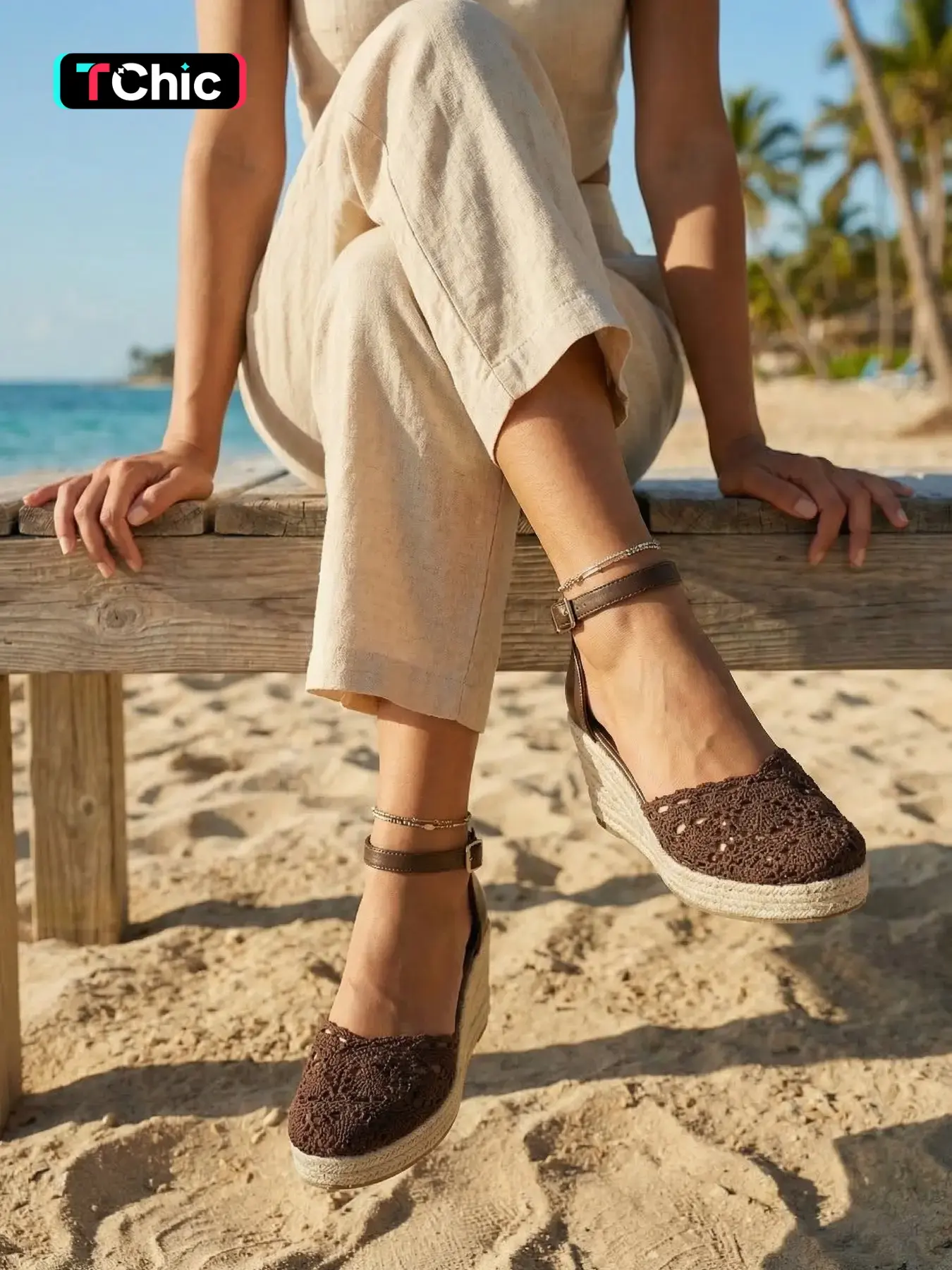 Women's Crochet Lace Straw Wedge Sandals, Breathable Textile Upper, Adjustable Anklet Strap, Comfortable Thick Sole, Summer Beach Shoes