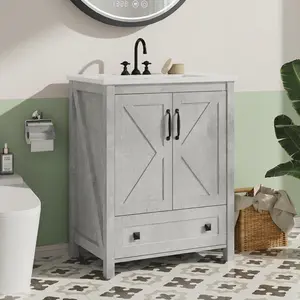 Bathroom Vanity, Sleek Modern Freestanding Cabinet, 30 Inch Size, Waterproof Structure, Ceramic Sink Basin, 2 Doors Plus Storage Drawer, Pre-Drilled Holes, Simple Assembly, Bathroom Storage